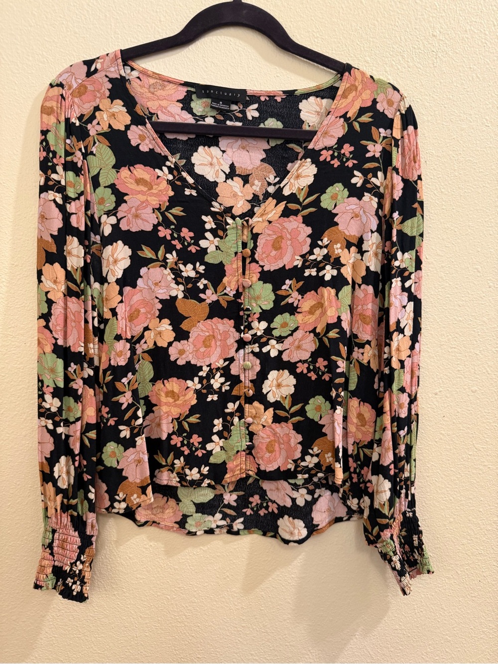 Sanctuary Black Floral Button-Up Blouse with Pink & Green Blossoms